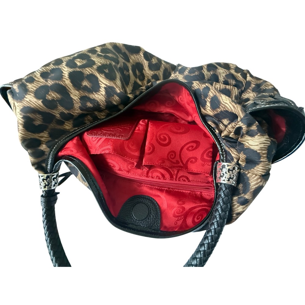 VTG Brighton Leopard Print Nylon Hobo Bag Braided Leather Handle Silver Y2K - Picture 12 of 16